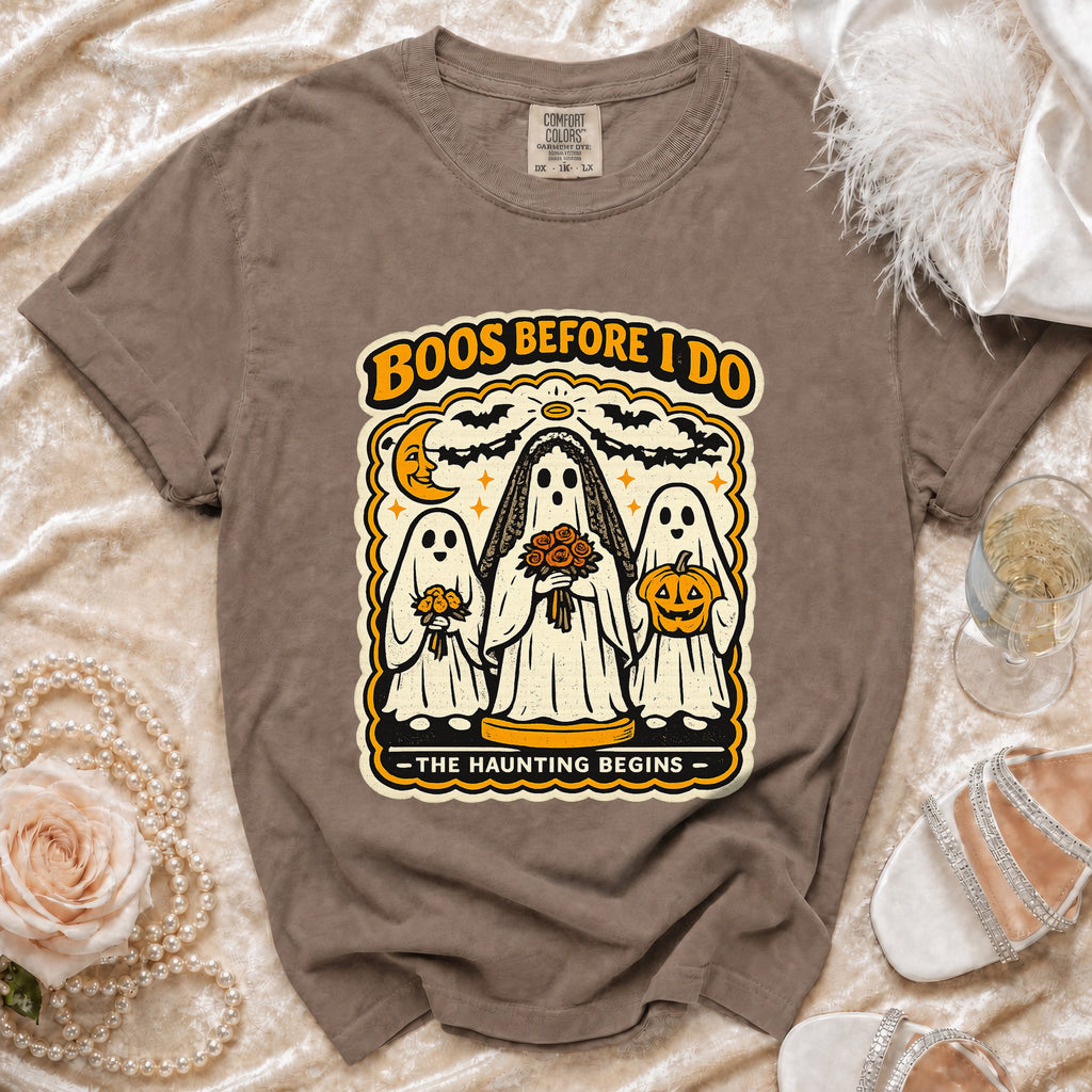 Brown t-shirt with "Boos Before I Do, The Haunting Begins" Halloween ghost graphic.
