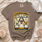 Brown t-shirt with "Boos Before I Do, The Haunting Begins" Halloween ghost graphic.