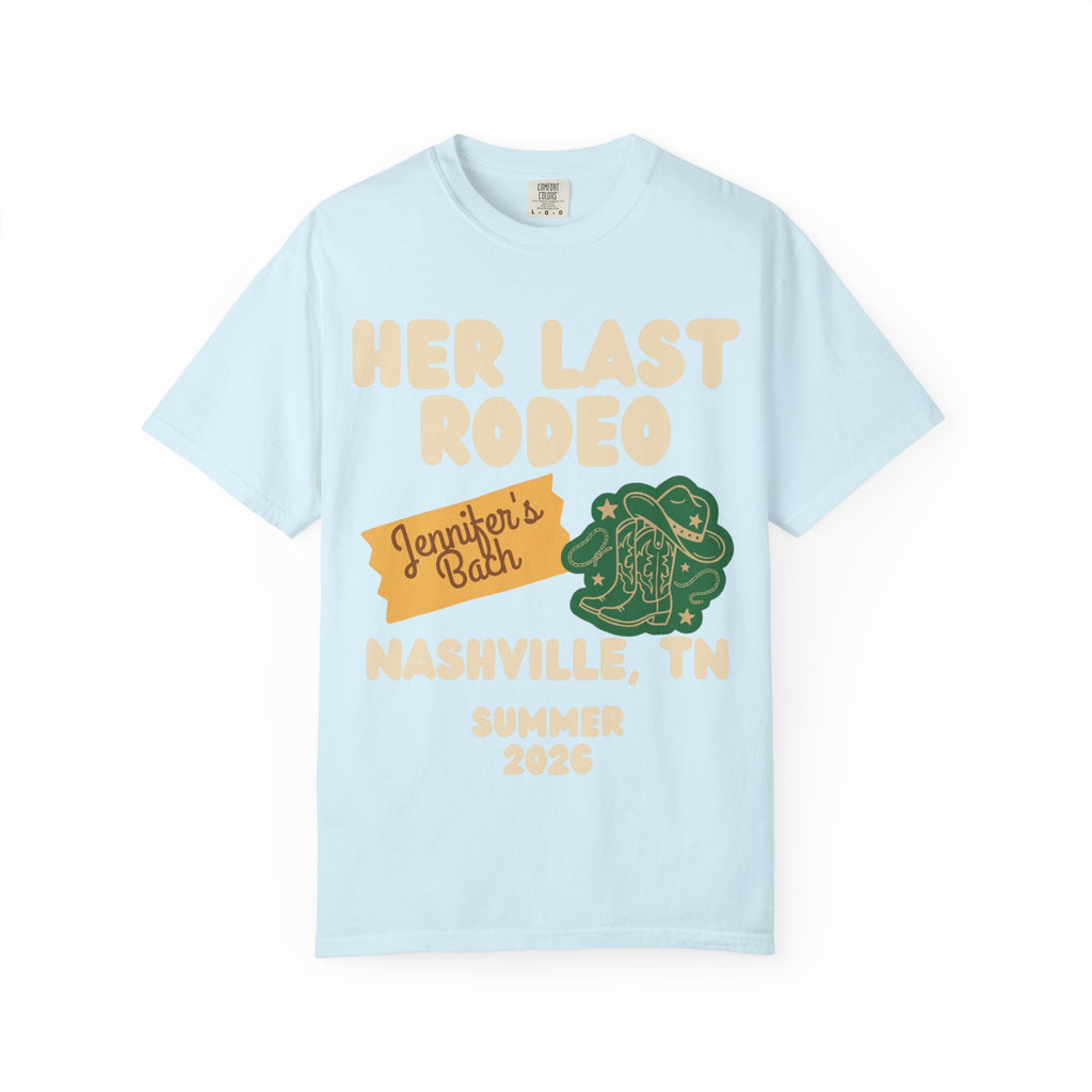 Light blue t-shirt with "Her Last Rodeo Nashville, TN Summer 2026" graphic.