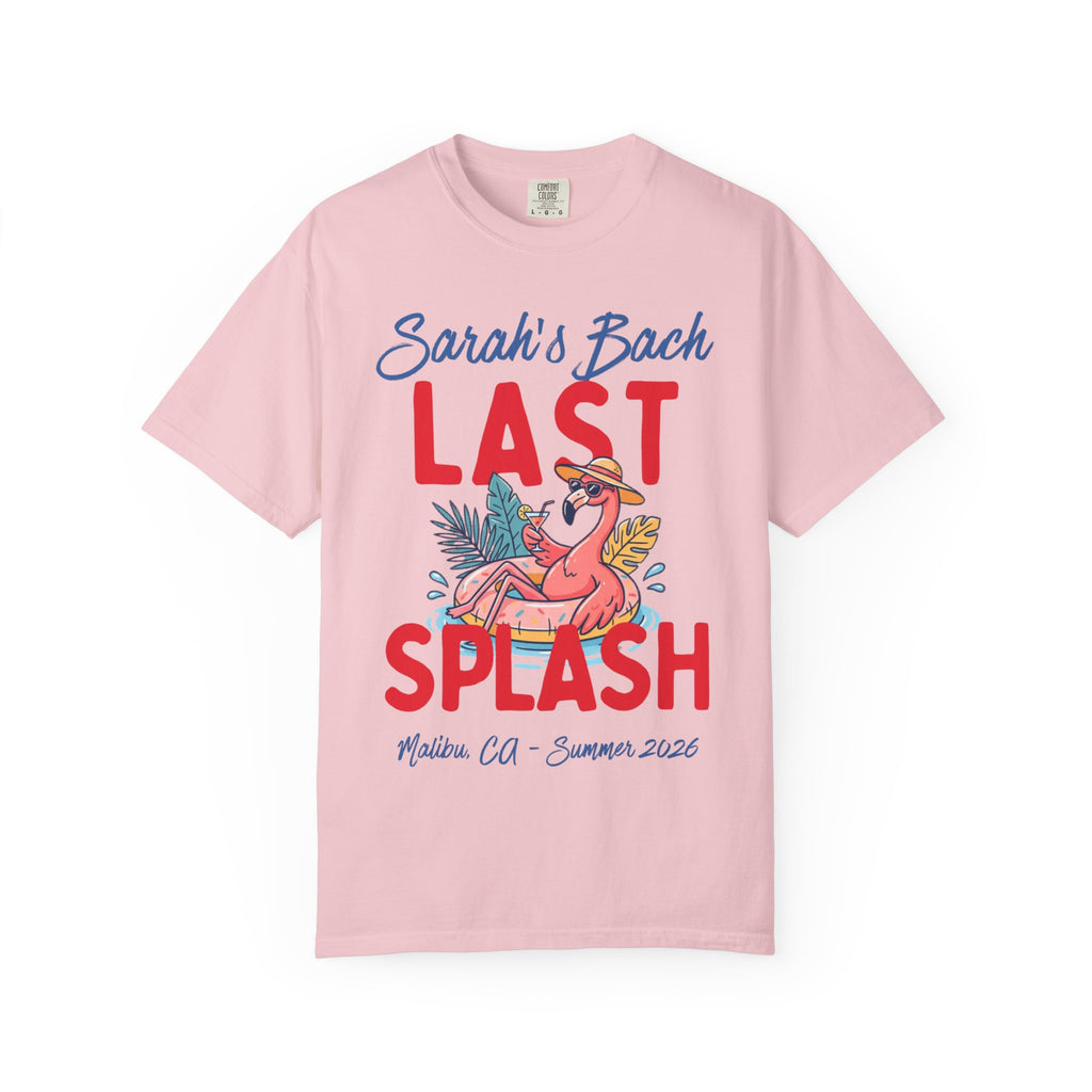 Pink t-shirt with "Sarah's Bach Last Splash" and flamingo float.