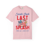 Pink t-shirt with "Sarah's Bach Last Splash" and flamingo float.