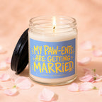 Candle with blue label reading "MY PAW-ENTS ARE GETTING MARRIED".