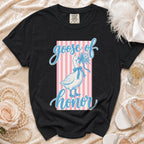 Black t-shirt with "goose of honor" text and a goose holding flowers graphic.