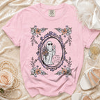 Pink t-shirt with a ghost bride graphic and text "Mother of the Bride... I raised her, not a victim."