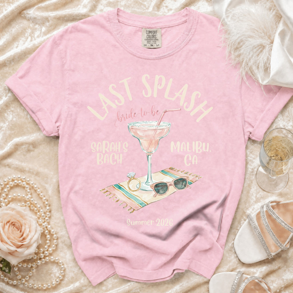 Pink "Last Splash Bride-to-be" t-shirt with beach scene and text.
