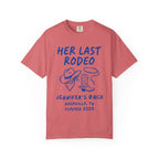 "Her Last Rodeo" bachelorette t-shirt with cowboy hat, boots, and lasso.