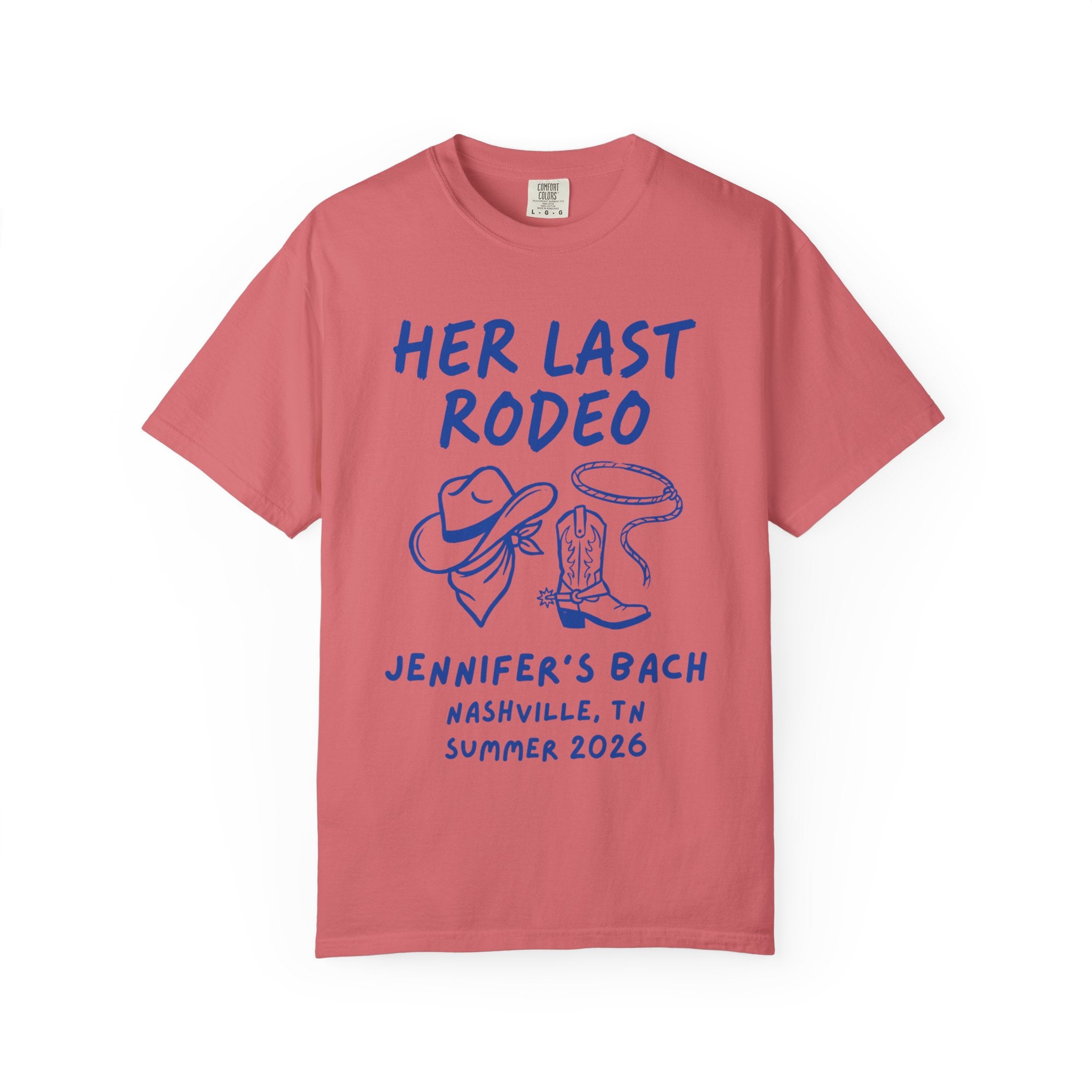 "Her Last Rodeo" bachelorette t-shirt with cowboy hat, boots, and lasso.