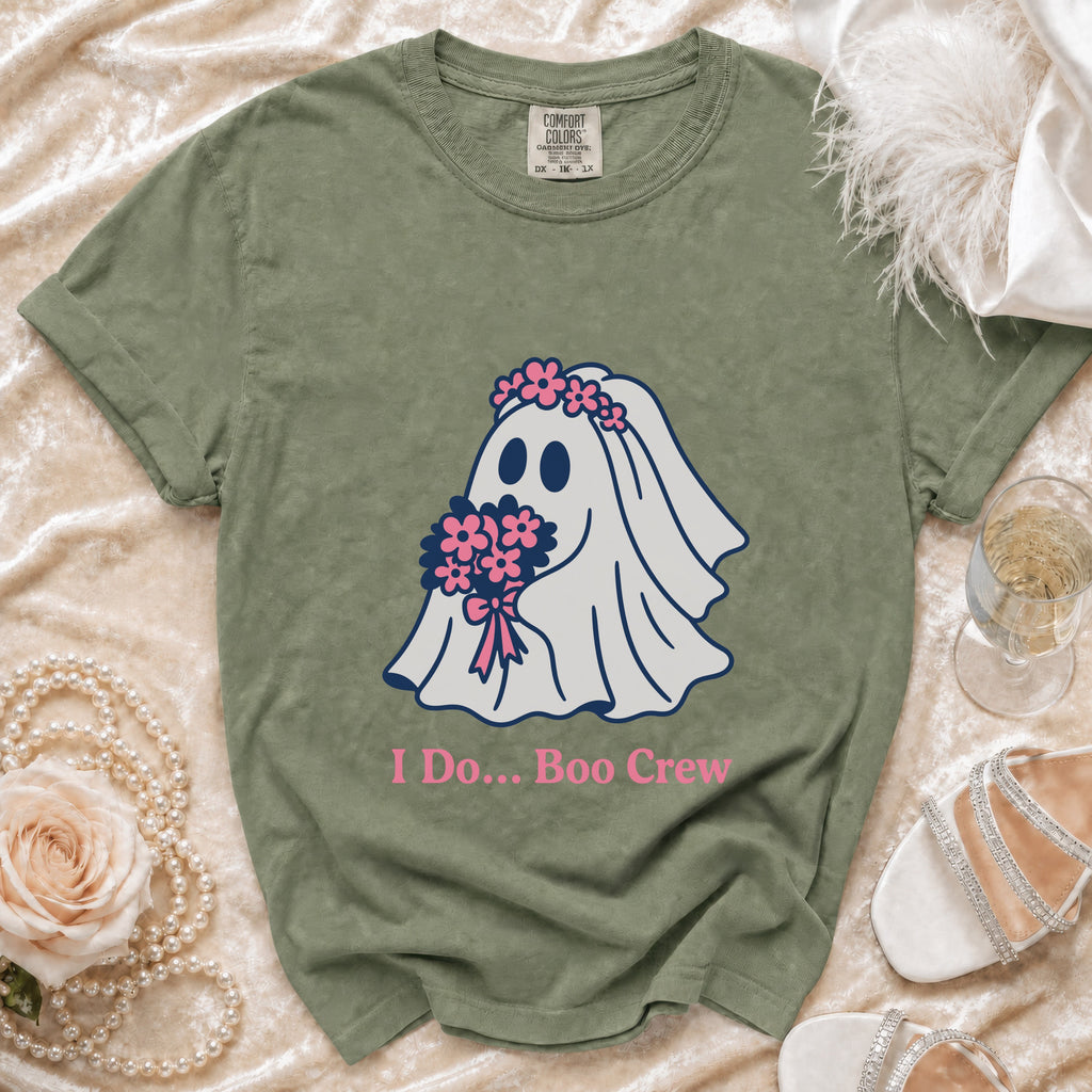 Olive green t-shirt with a ghost bride graphic and text "I Do... Boo Crew."