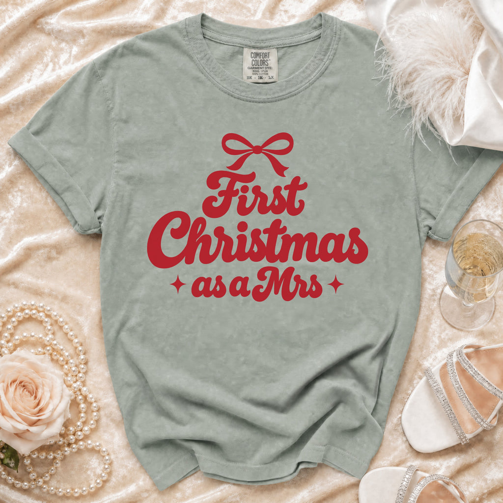 Light green t-shirt with red text "First Christmas as a Mrs".