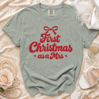 Light green t-shirt with red text "First Christmas as a Mrs".
