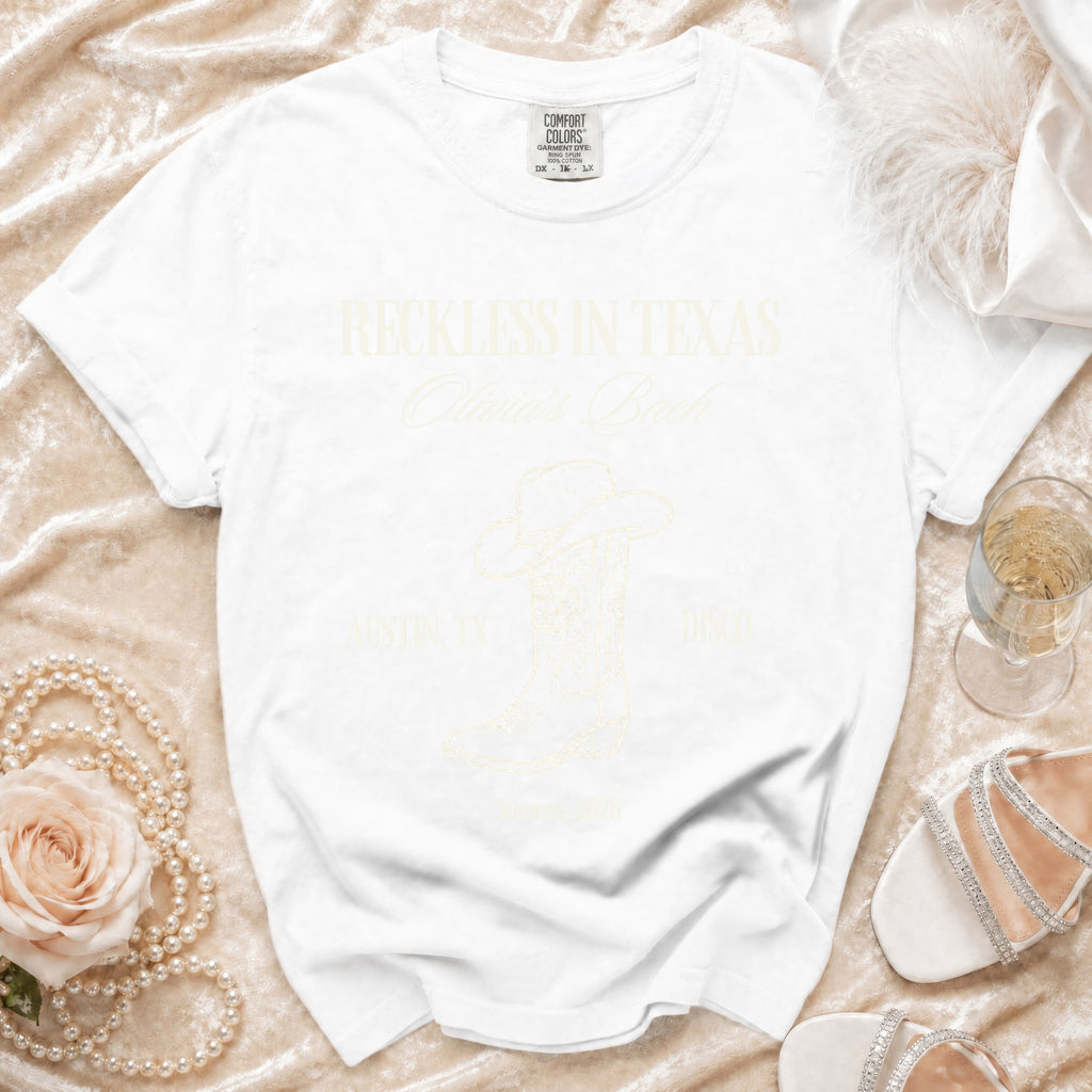 Comfort Colors t-shirt with "Olivia's Back" and boot graphic, Austin TX.
