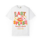 White t-shirt with "LAST SPLASH Sarah's Bach Malibu, CA Summer 2026" text and flamingo donut graphic.