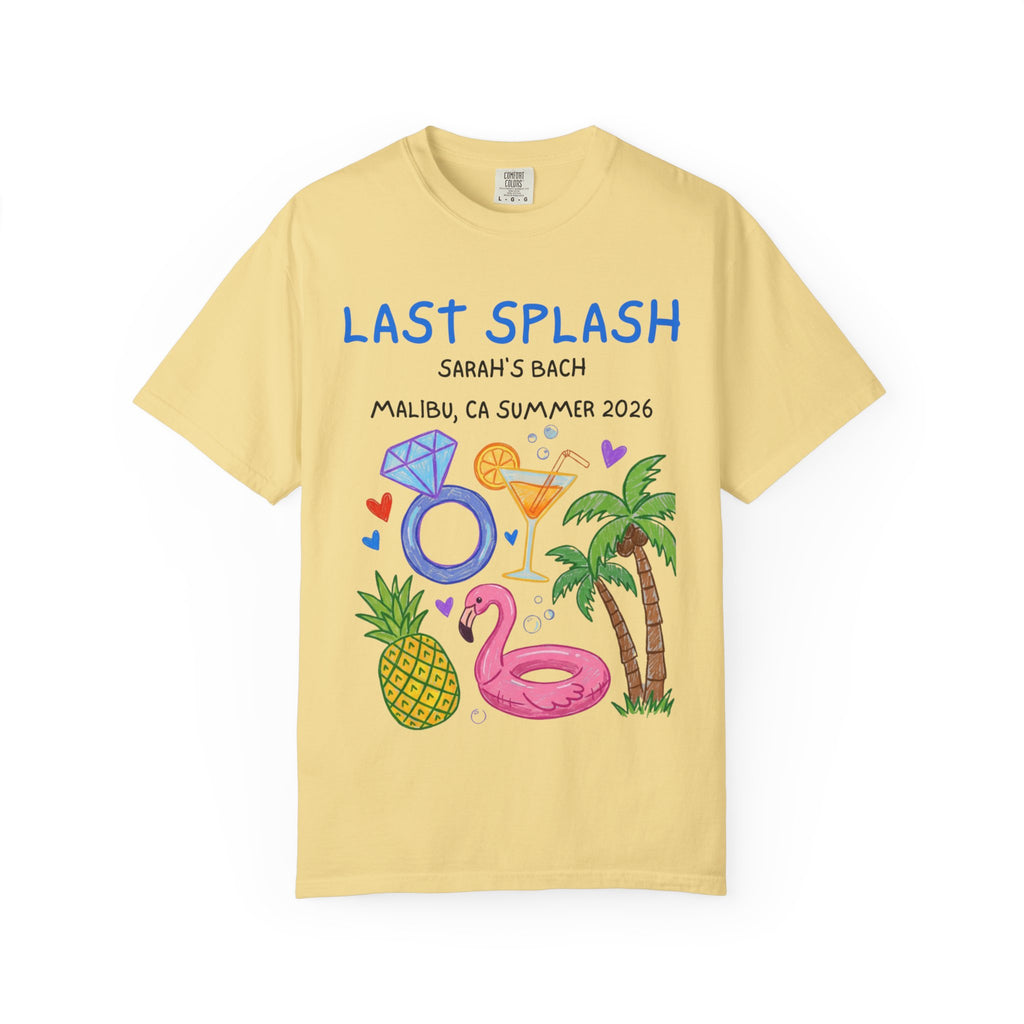 Yellow t-shirt with "Last Splash Sarah's Bach Malibu, CA Summer 2026" and beach icons.