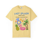 Yellow t-shirt with "Last Splash Sarah's Bach Malibu, CA Summer 2026" and beach icons.