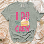 Grey t-shirt with "I DO Wedding Diet CREW Cake is My Cardio" text.