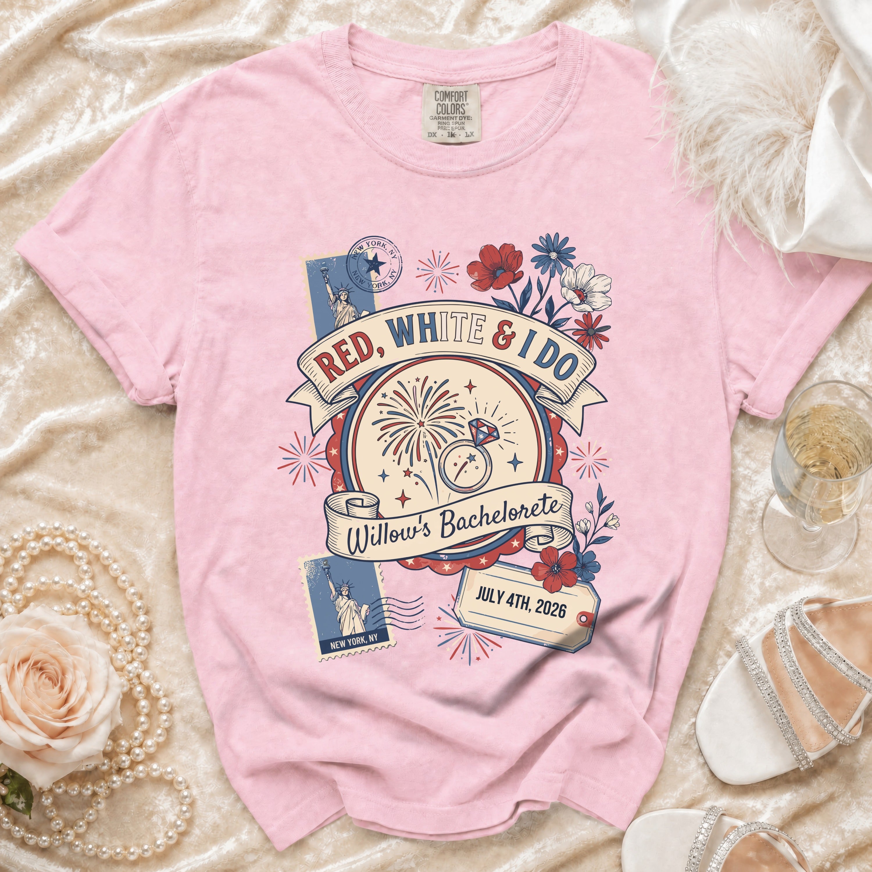"Red, White & I Do" graphic tee celebrating Willow's Bachelorette on July 4th, 2026.