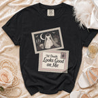 Black t-shirt with gothic wedding dress and tombstone graphic, text "'Til Death Looks Good on Me".