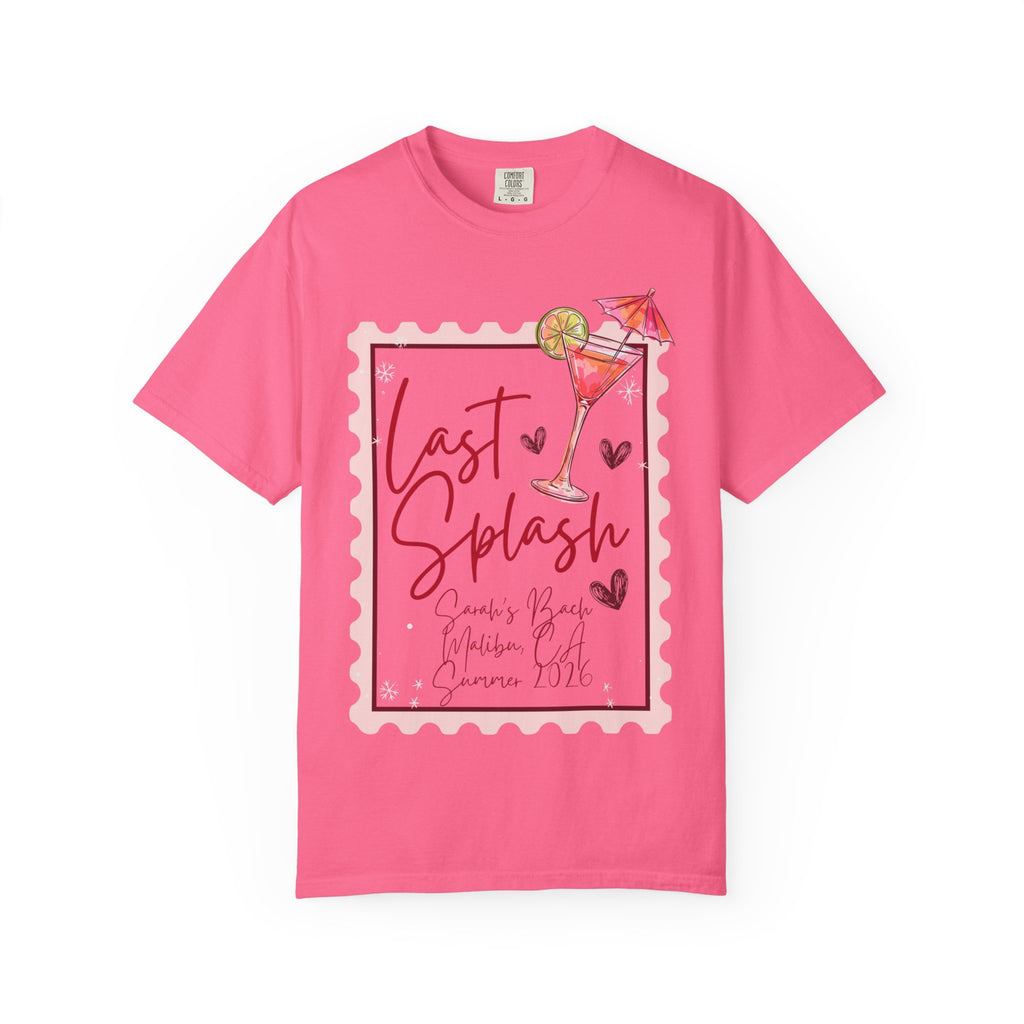 Pink t-shirt with "Last Splash Sarah's Bach Malibu, CA Summer 2026" and cocktail graphic.