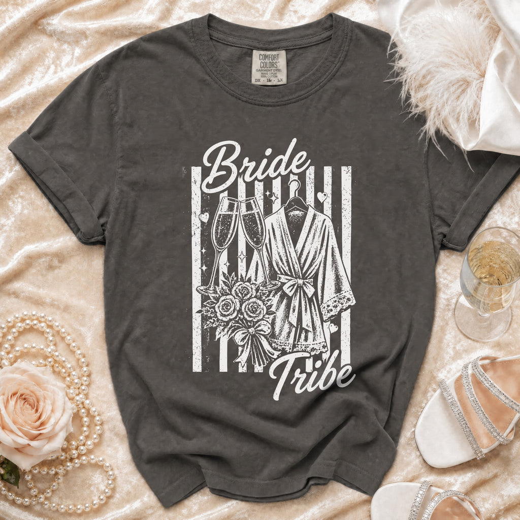Grape t-shirt with "Bride Tribe" design featuring robe, champagne glasses, and bouquet.