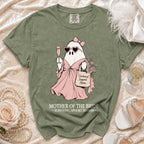Green t-shirt with a ghost illustration holding champagne and a tote bag reading "Emotional Support Mom."