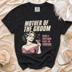 Black t-shirt with "Mother of the Groom" and a woman holding champagne.
