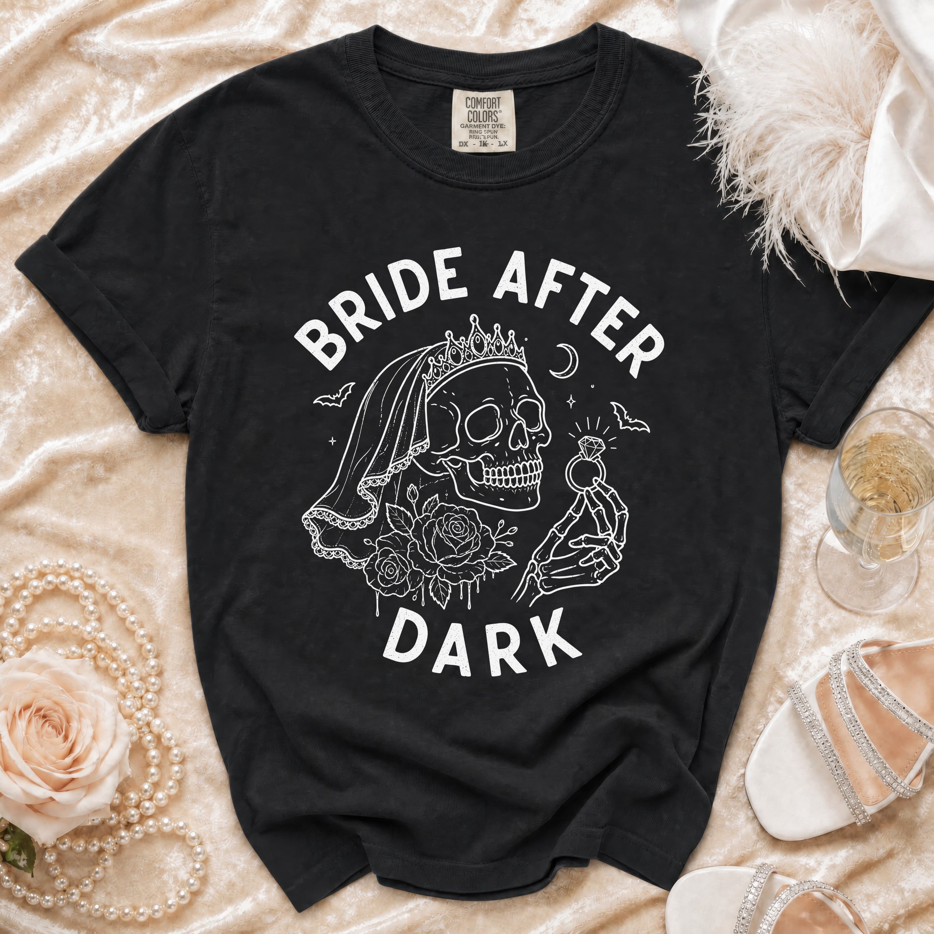 Black t-shirt with "BRIDE AFTER DARK" text and skull graphic.