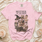 Pink t-shirt with "Mother of the Bride" text and Halloween-themed graphics.