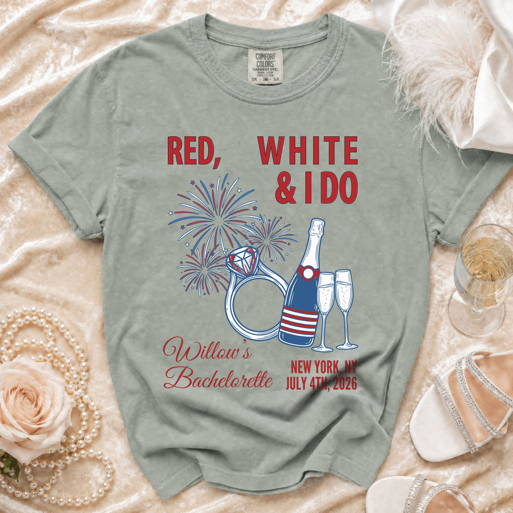 Red, White & I Do Willow's Bachelorette t-shirt with fireworks and champagne.