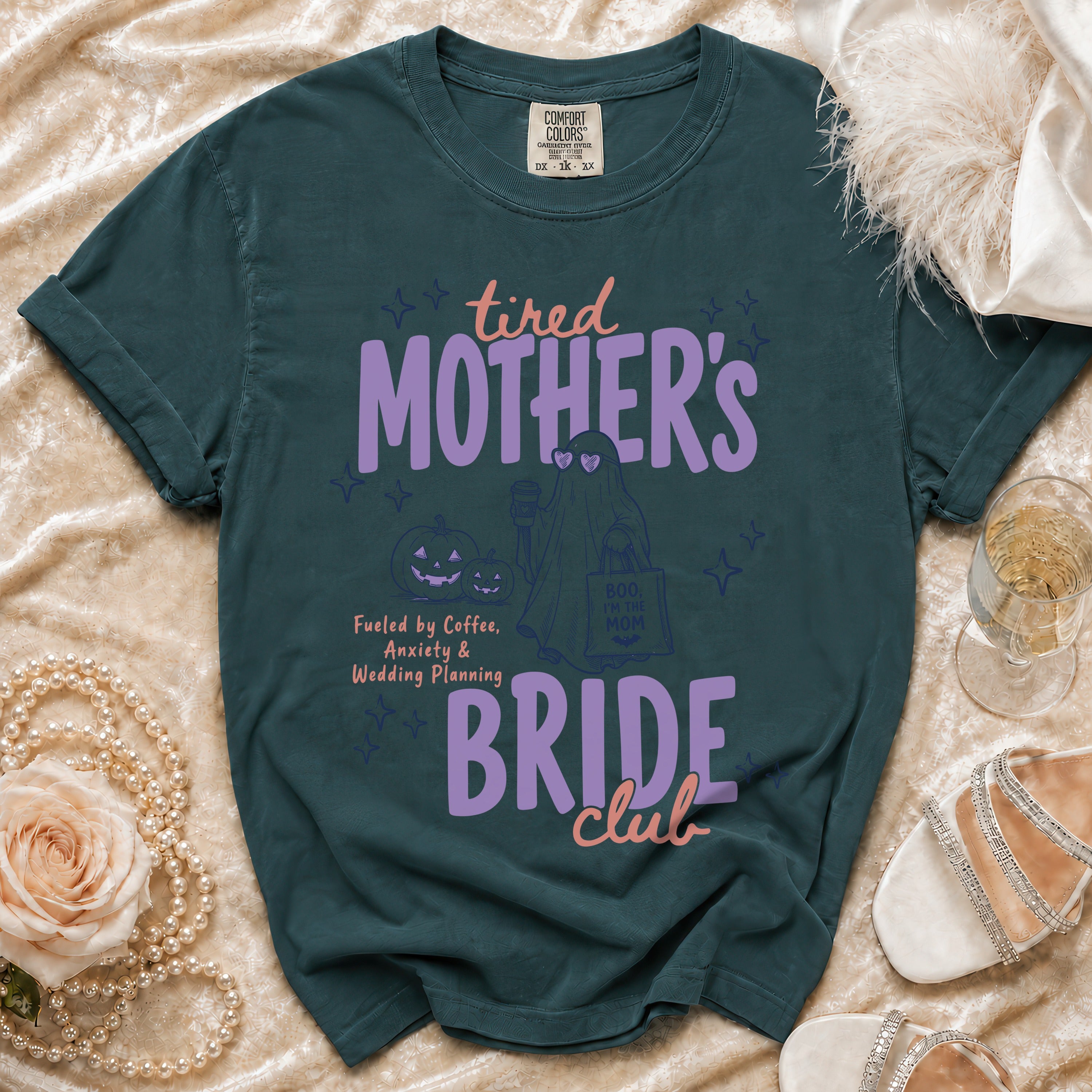 Tired Mother's Bride Club t-shirt with ghost and pumpkin Halloween graphics.