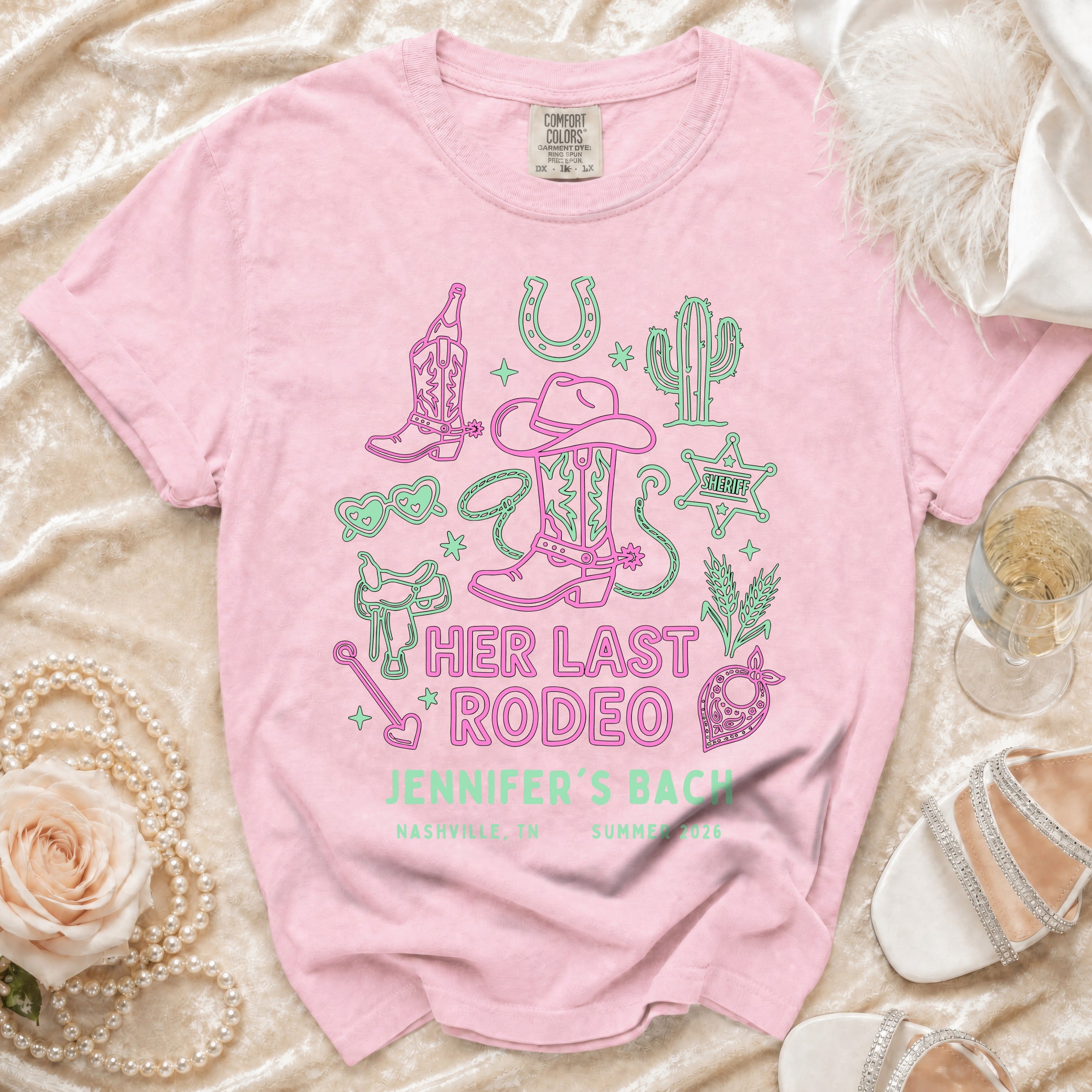 Pink t-shirt with "Her Last Rodeo Jennifer's Bach Nashville TN Summer 2026".
