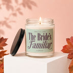 Candle with "The Bride's Familiar" text on label, lid off.