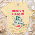 Yellow t-shirt with "Mother of the Bride Club" text and a illustrated poodle.