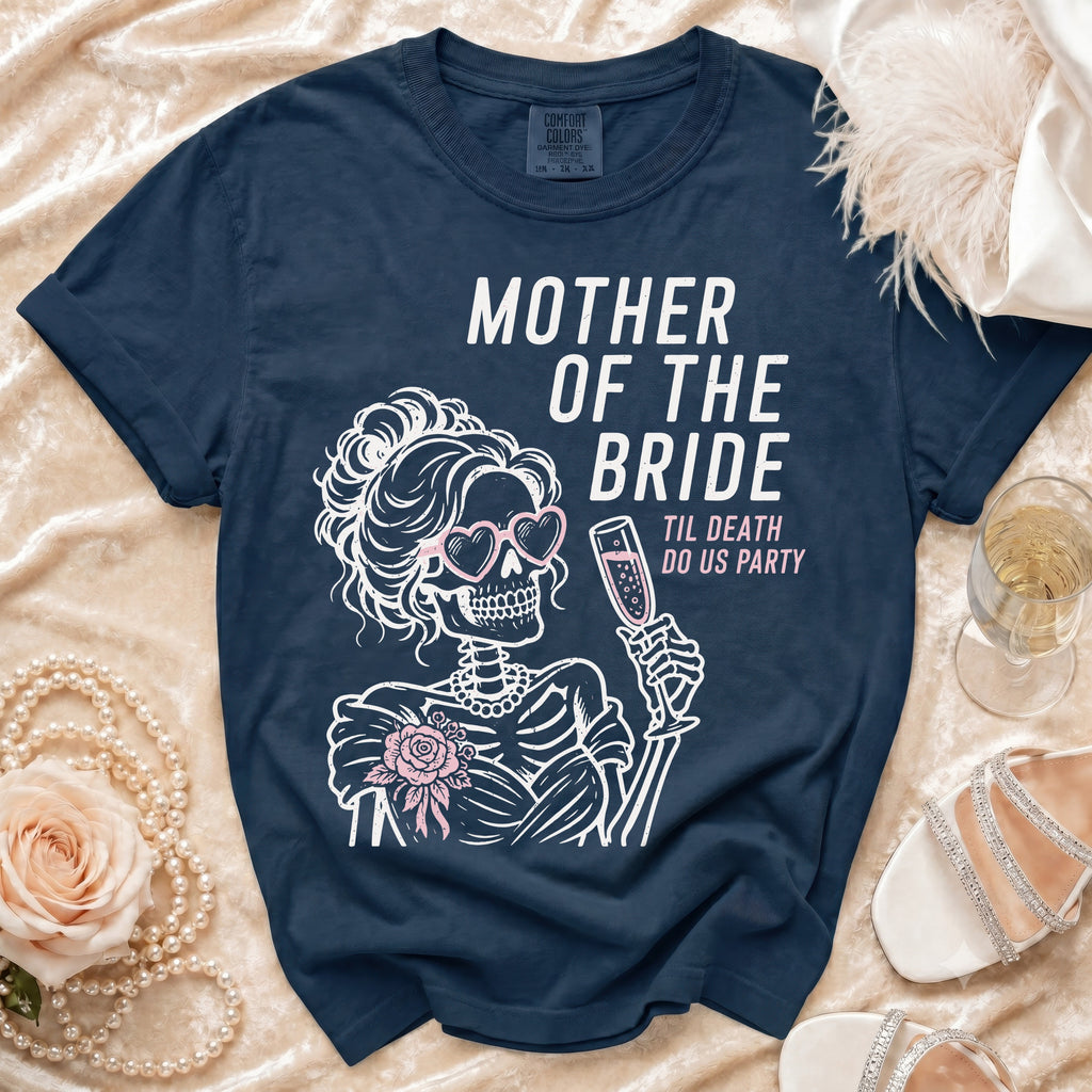Navy t-shirt with skeleton graphic for "Mother of the Bride" party theme.