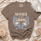 Brown t-shirt with "Mother of the Groom" text and floral design.