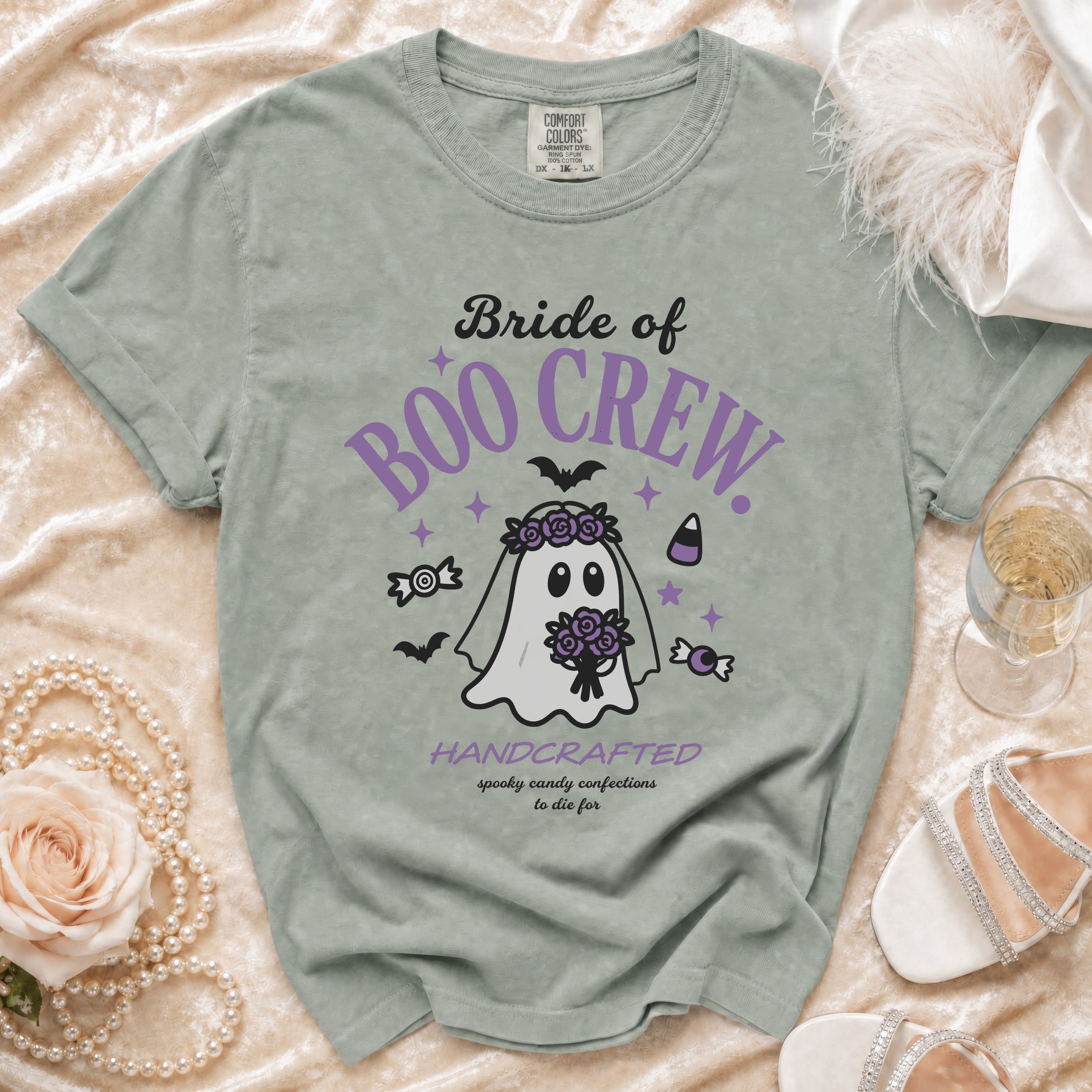 Bride of Boo Crew shirt with a ghost, bats, and candy graphic.