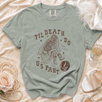 T-shirt with skeleton bride graphic reading "Til Death Do Us Part".