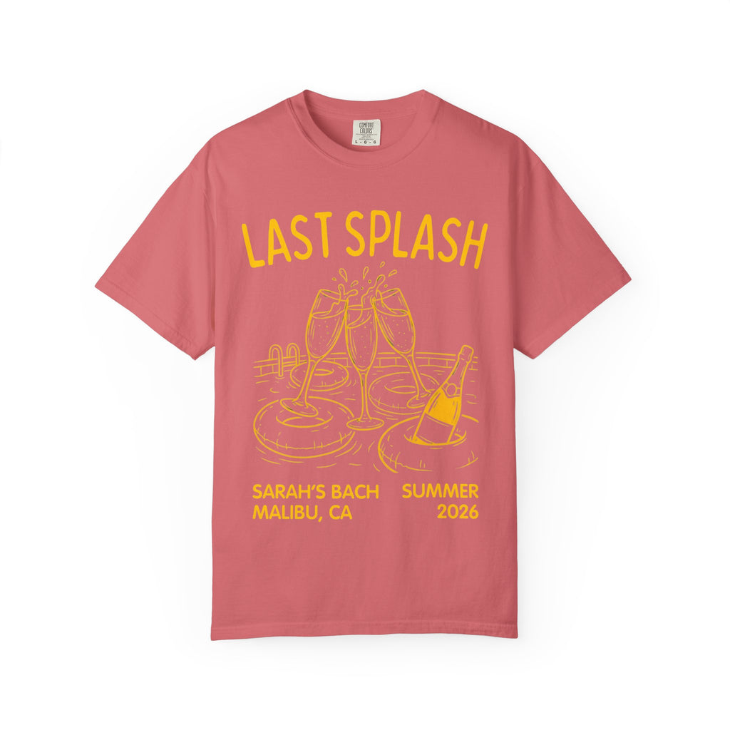 "Last Splash" graphic tee with champagne glasses, pool floats, and text.