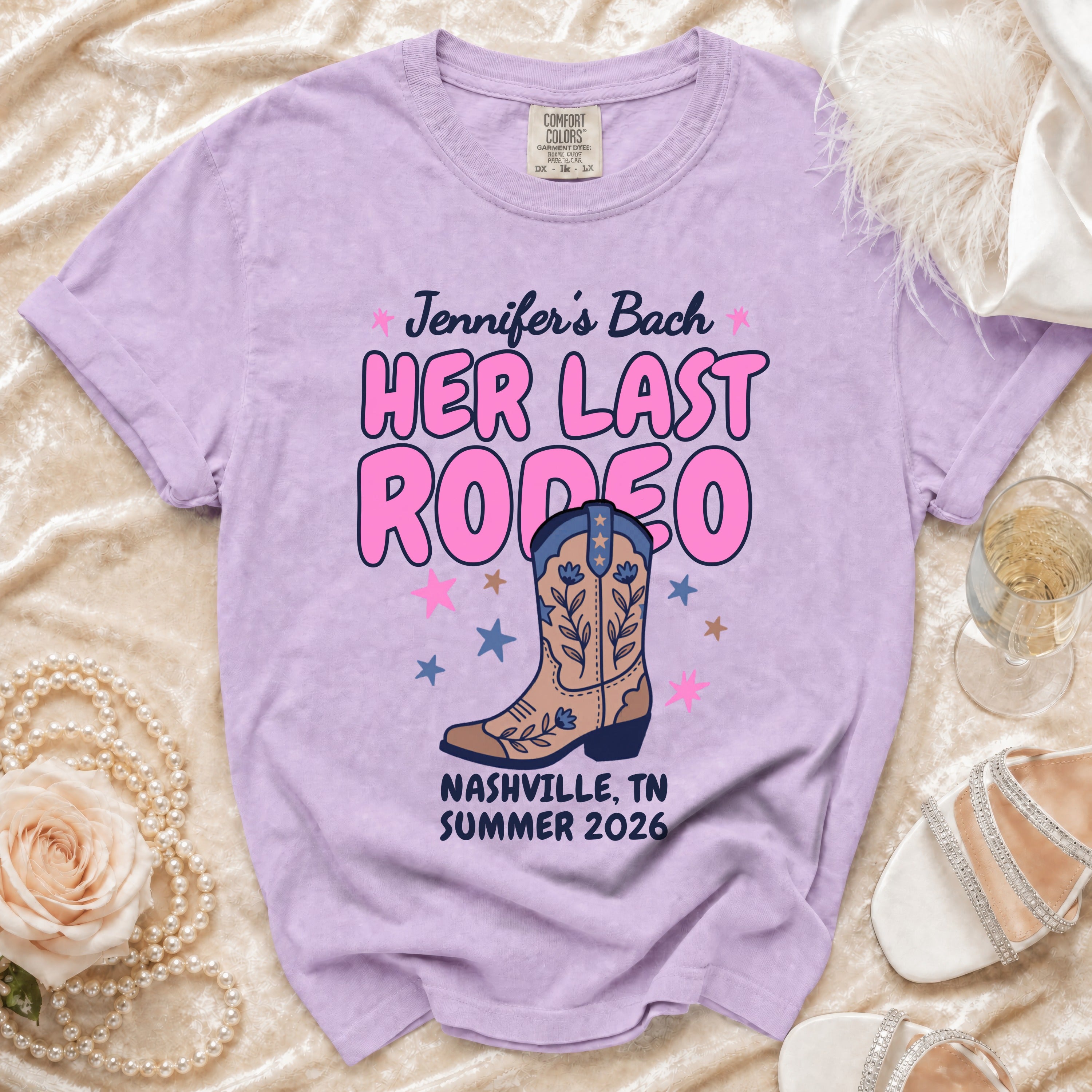 Lavender t-shirt with "Jennifer's Bach HER LAST RODEO" and Nashville, TN Summer 2026.