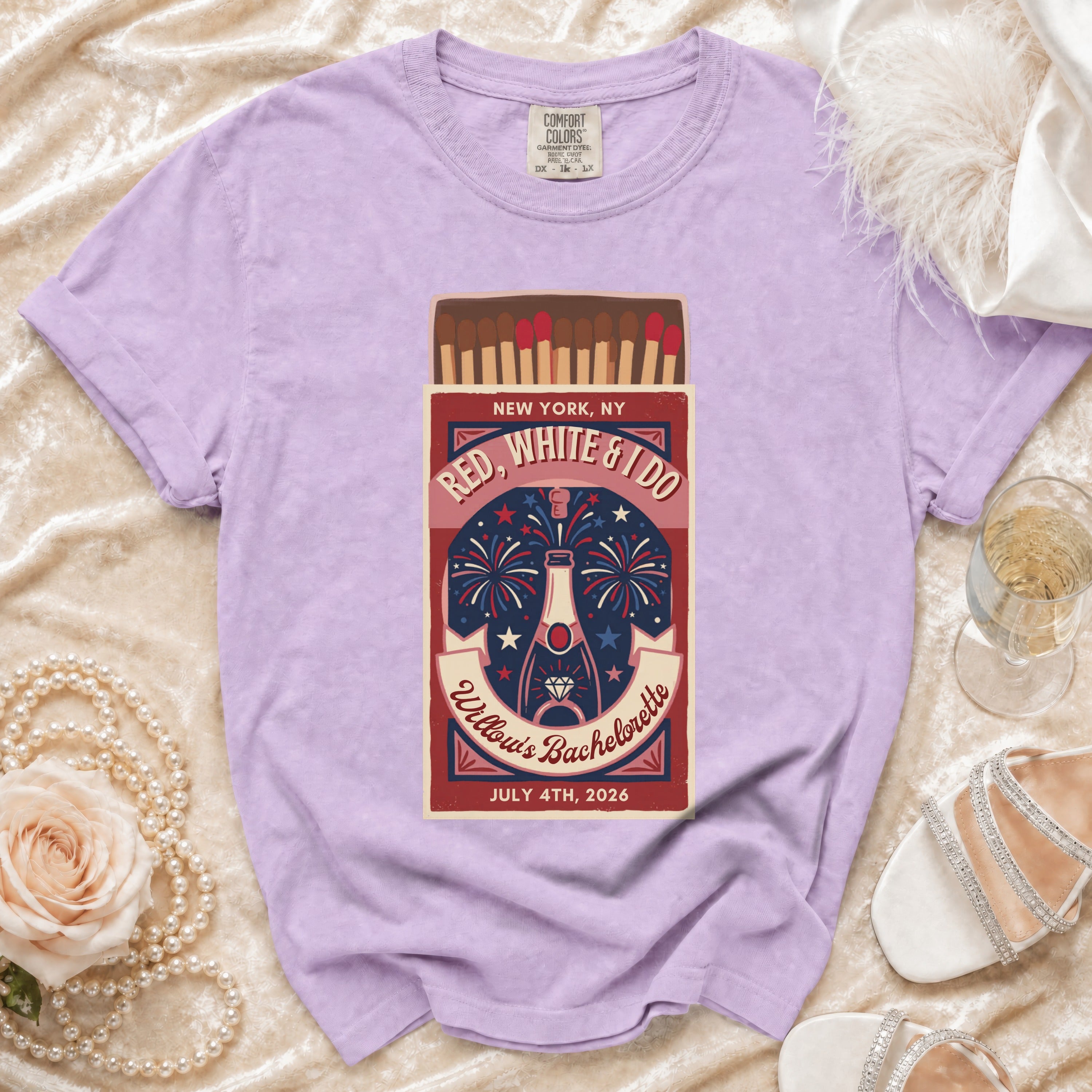 Red, White & I Do bachelorette t-shirt with firework, champagne, and matchbox graphic.