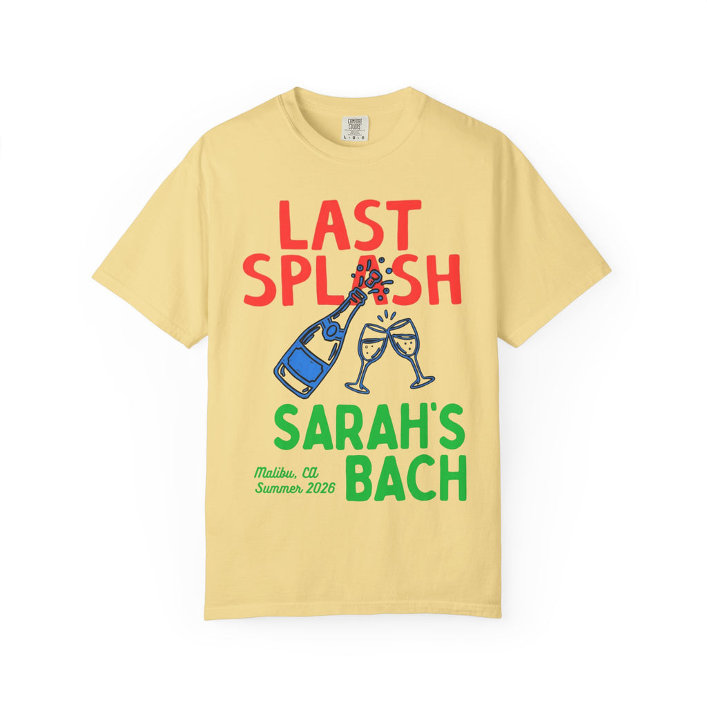 Yellow t-shirt with "LAST SPLASH SARAH'S BACH" text, champagne bottle, and glasses.