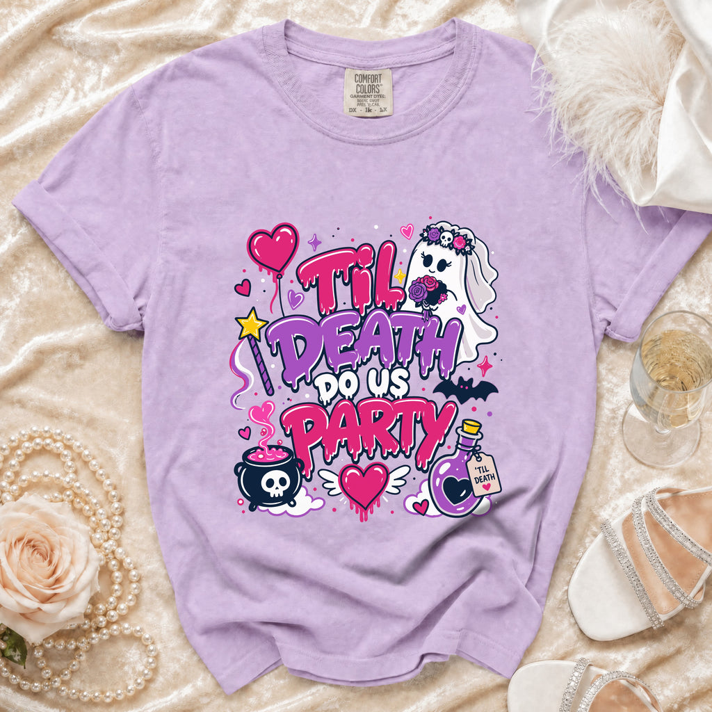 Purple t-shirt with "Til Death Do Us Party" graphic featuring a bride ghost.