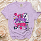 Purple t-shirt with "Til Death Do Us Party" graphic featuring a bride ghost.