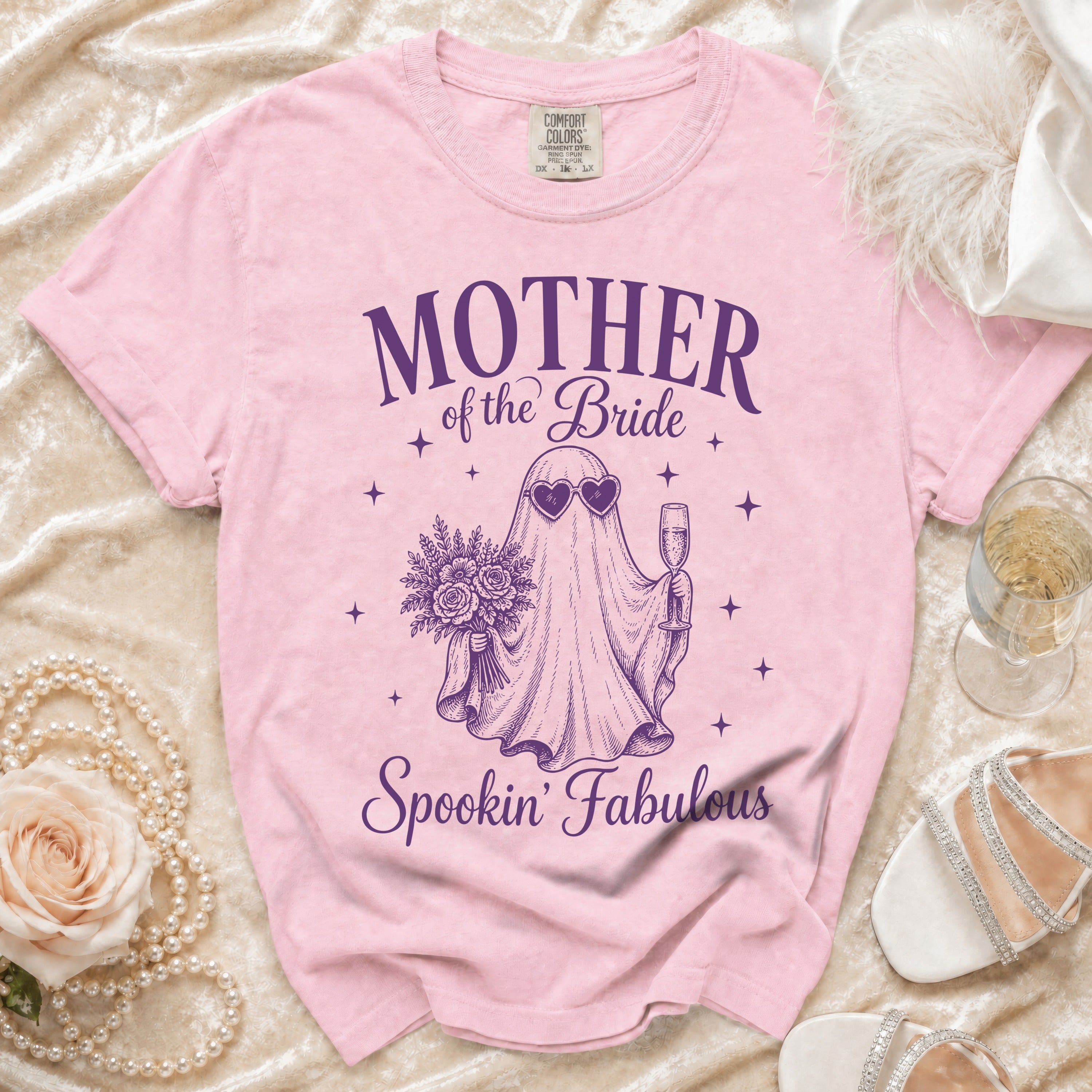Pink t-shirt with "Mother of the Bride" and ghost graphic reading "Spookin' Fabulous".