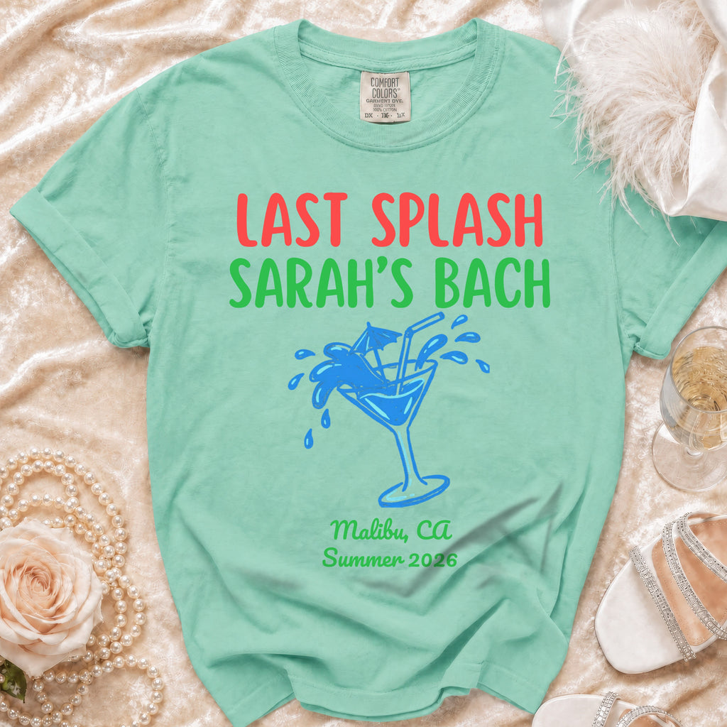 Teal "Last Splash Sarah's Bach" t-shirt with cocktail graphic, Malibu, CA Summer 2026.