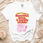 White t-shirt with "Bride of Frankenstein. Beautiful, busy, & barely stable." text and illustration.