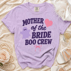 Lavender t-shirt with "MOTHER of the BRIDE BOO CREW" text and ghost graphics.