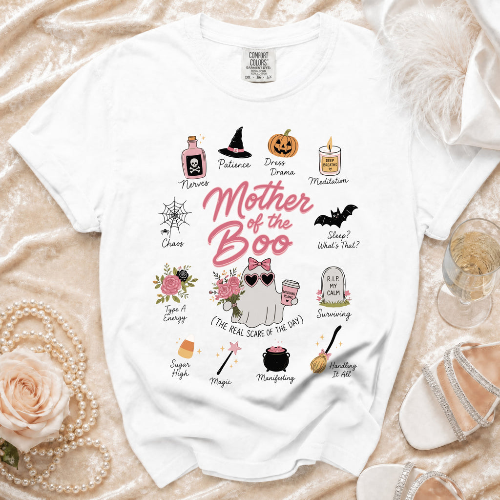 White t-shirt with "Mother of the Boo" and Halloween-themed illustrations.