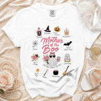 White t-shirt with "Mother of the Boo" and Halloween-themed illustrations.