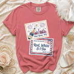 Red t-shirt with "Willow's Bachelorette Red, White & I Do" and New York fireworks.