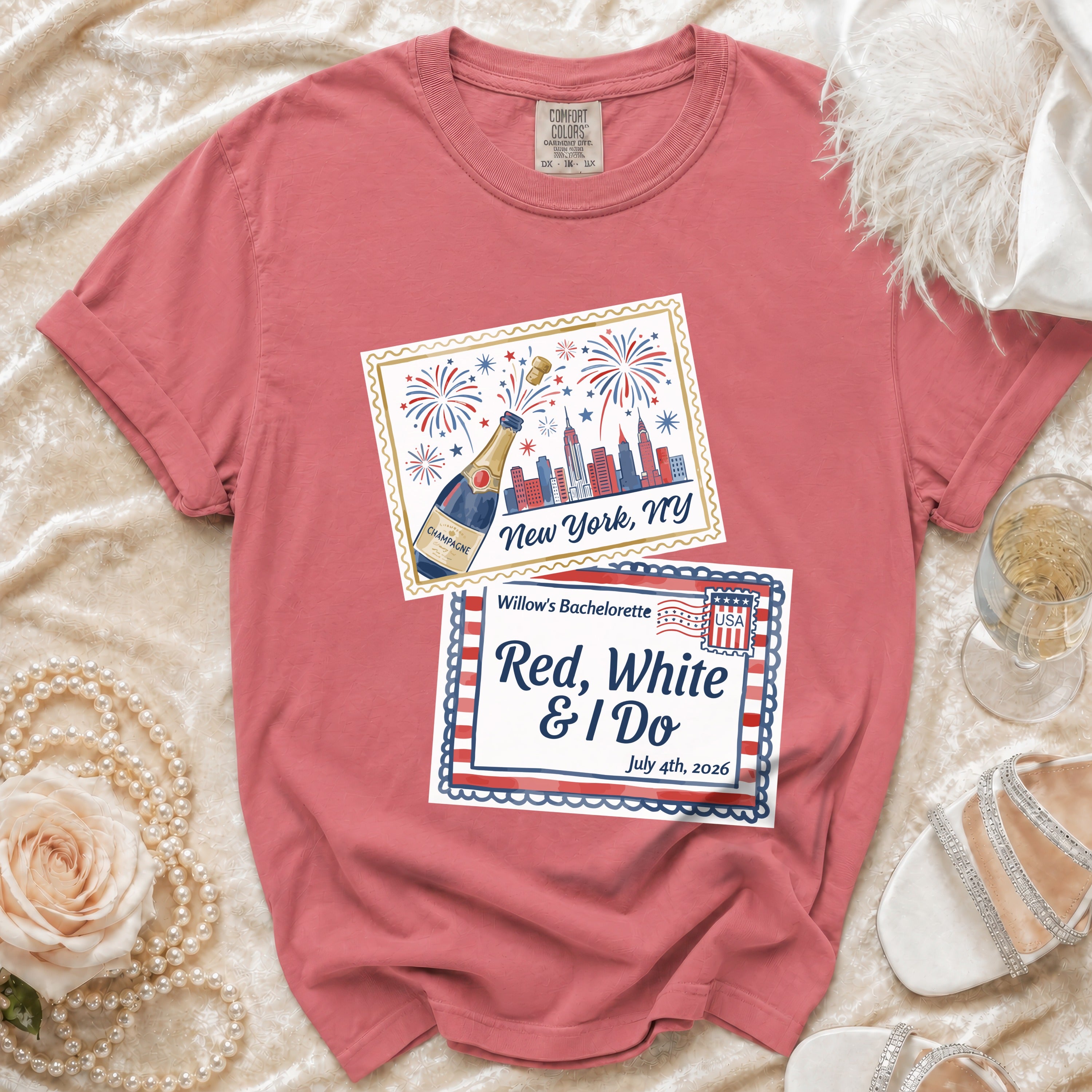 Red t-shirt with "Willow's Bachelorette Red, White & I Do" and New York fireworks.